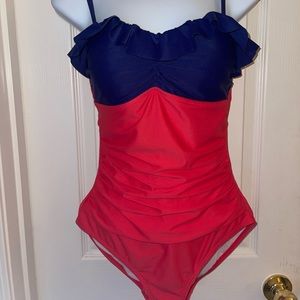 Boden color block swimsuit one piece coral/navy with ruffle